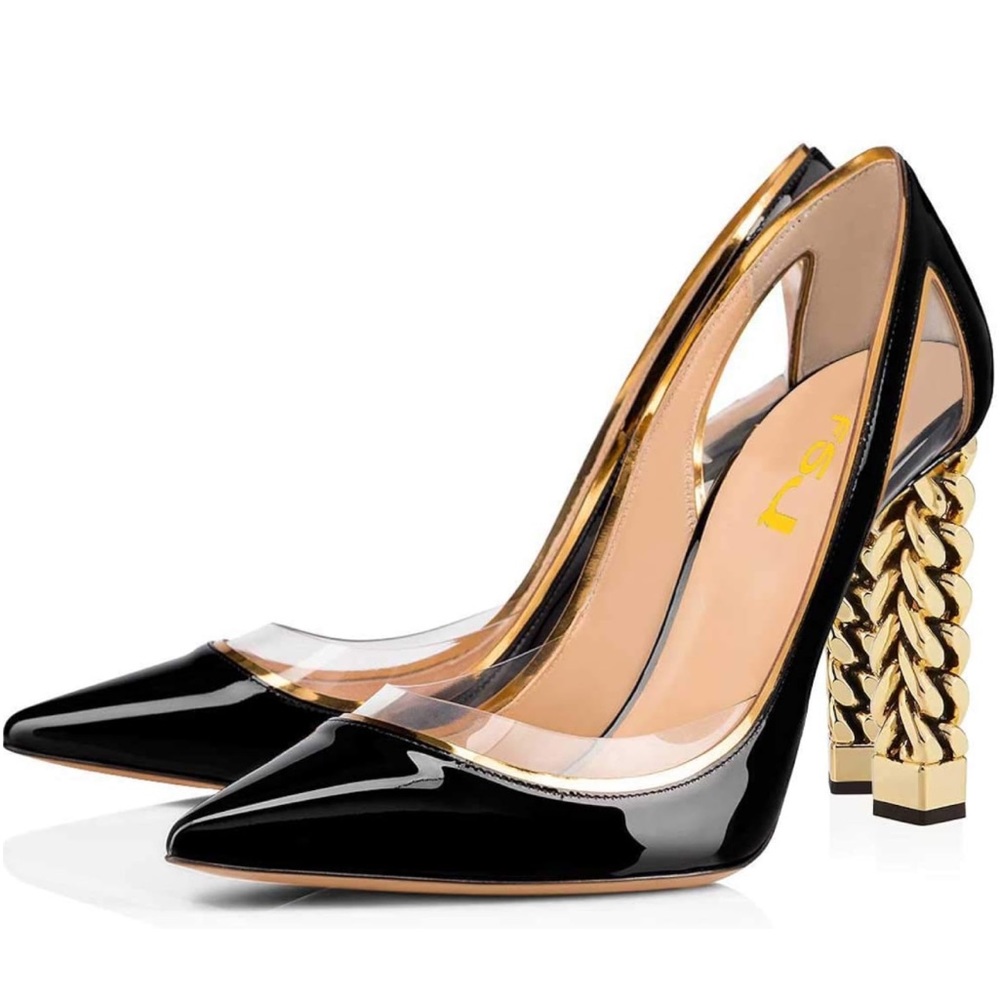 Gold Metal Chain Chunky High Heel Pointed Toe Slip On  Pumps